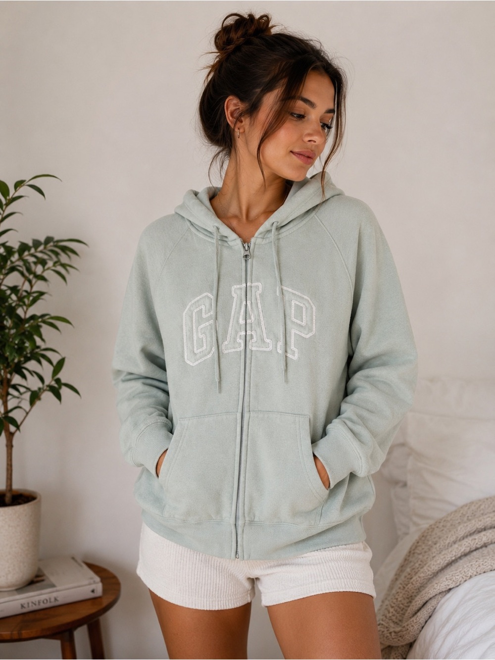 GAP Sage Green Zip Up Hoodie Women’s Medium Soft Cozy Minimalist”